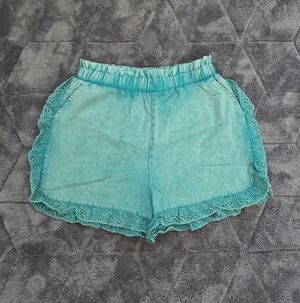 Teal Eyelet Trim Wide Elastic Waist Shorts Western Boho Festival Vacay Rodeo 1XL